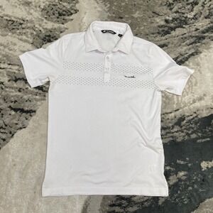 Travis Mathew White Striped EAST embroidered Range Golf Polo Shirt Mens Small